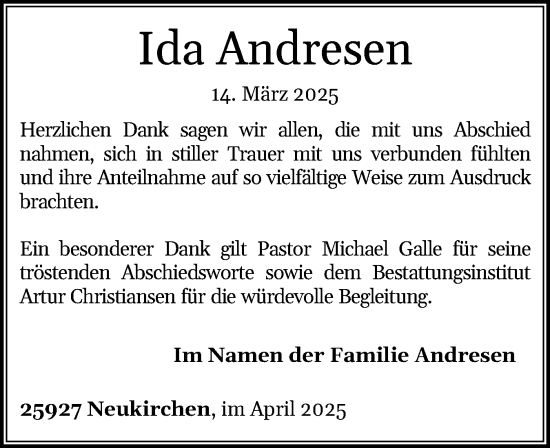 Traueranzeige von Ida Andresen von Husumer Nachrichten, Nordfriesland Tageblatt