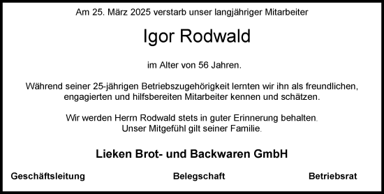 Traueranzeige von Igor Rodwald von MARKT Bad Oldesloe/Reinfeld und Stormarner Tageblatt