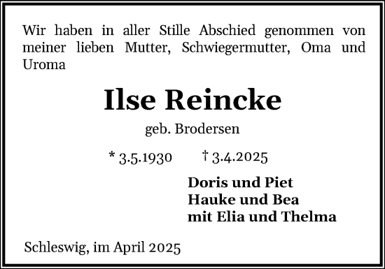 Traueranzeige von Ilse Reincke von Schleswiger Nachrichten, Schlei-Bote