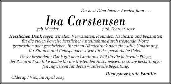 Traueranzeige von Ina Carstensen von Husumer Nachrichten, Nordfriesland Tageblatt