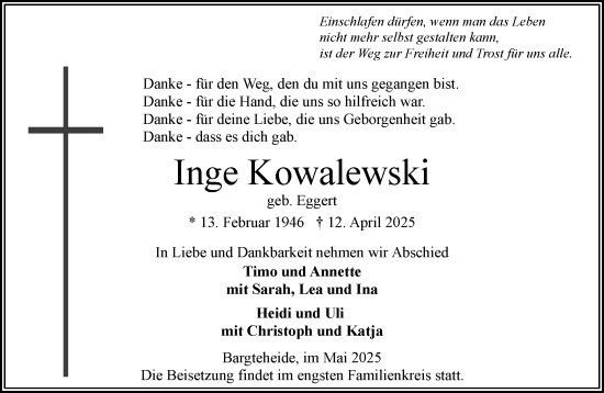 Traueranzeige von Inge Kowalewski von MARKT Ahrensburg/Bargteheide/Trittau und Stormarner Tageblatt