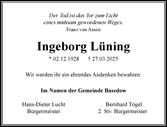 Traueranzeige von Ingeborg Lüning von Wochenend Anzeiger