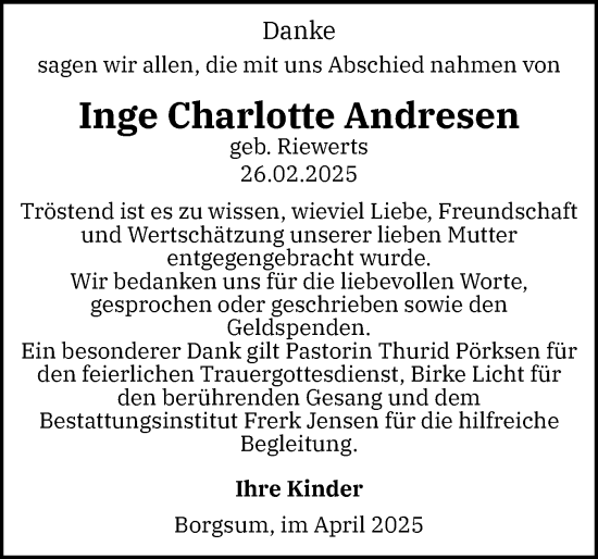 Traueranzeige von Inge Charlotte Andresen von Der Insel-Bote