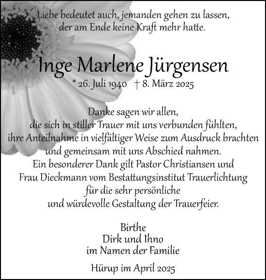 Traueranzeige von Inge Marlene Jürgensen von Flensburger Tageblatt