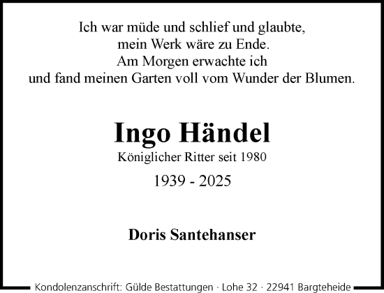 Traueranzeige von Ingo Händel von MARKT Ahrensburg/Bargteheide/Trittau und Stormarner Tageblatt