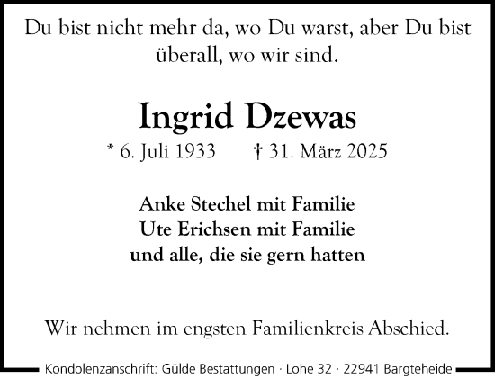 Traueranzeige von Ingrid Dzewas von MARKT Ahrensburg/Bargteheide/Trittau und Stormarner Tageblatt