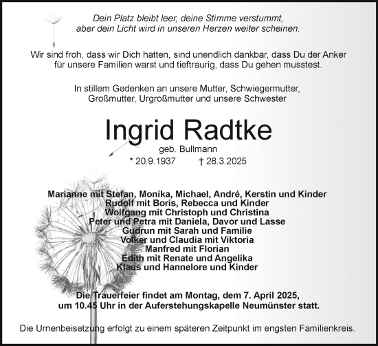 Traueranzeige von Ingrid Radtke von Holsteinischer Courier
