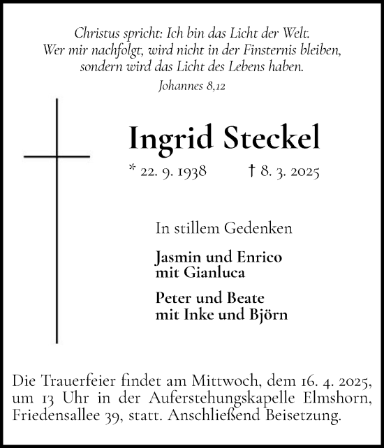 Traueranzeige von Ingrid Steckel von Elmshorner Nachrichten, Barmstedter Zeitung