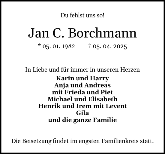 Traueranzeige von Jan Borchmann von Flensburger Tageblatt