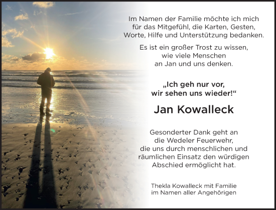 Traueranzeige von Jan Kowalleck von Wedel-Schulauer Tageblatt, tip Wedel-Schulauer Tageblatt, tip Rissener Rundschau