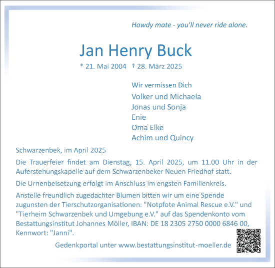 Traueranzeige von Jan Henry  Buck von Wochenend Anzeiger