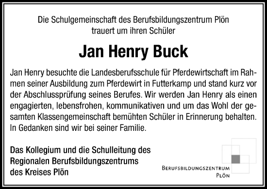 Traueranzeige von Jan Henry Buck von Wochenend Anzeiger