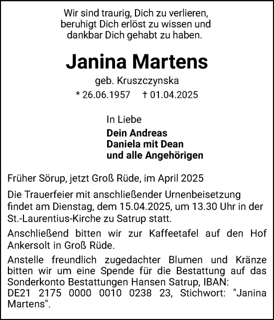 Traueranzeige von Janina Martens von Flensburger Tageblatt