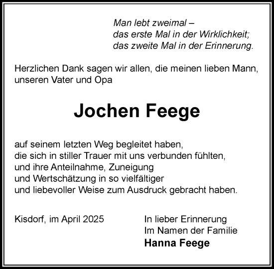 Traueranzeige von Jochen Feege von Umschau