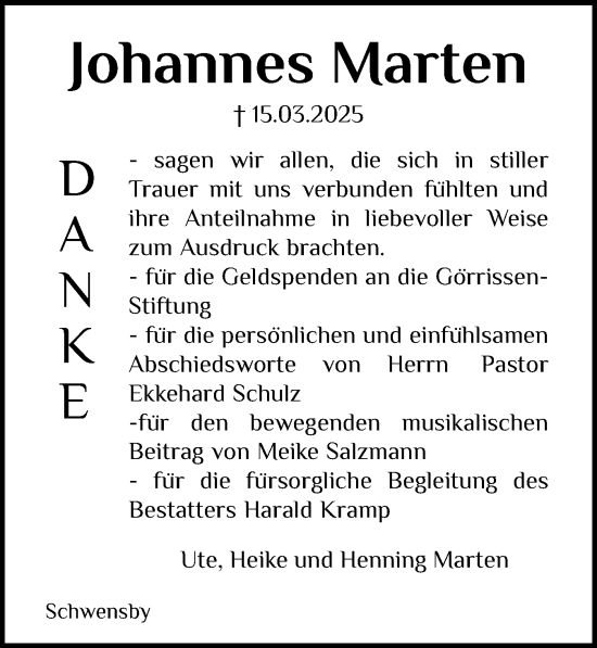 Traueranzeige von Johannes Marten von Flensburger Tageblatt