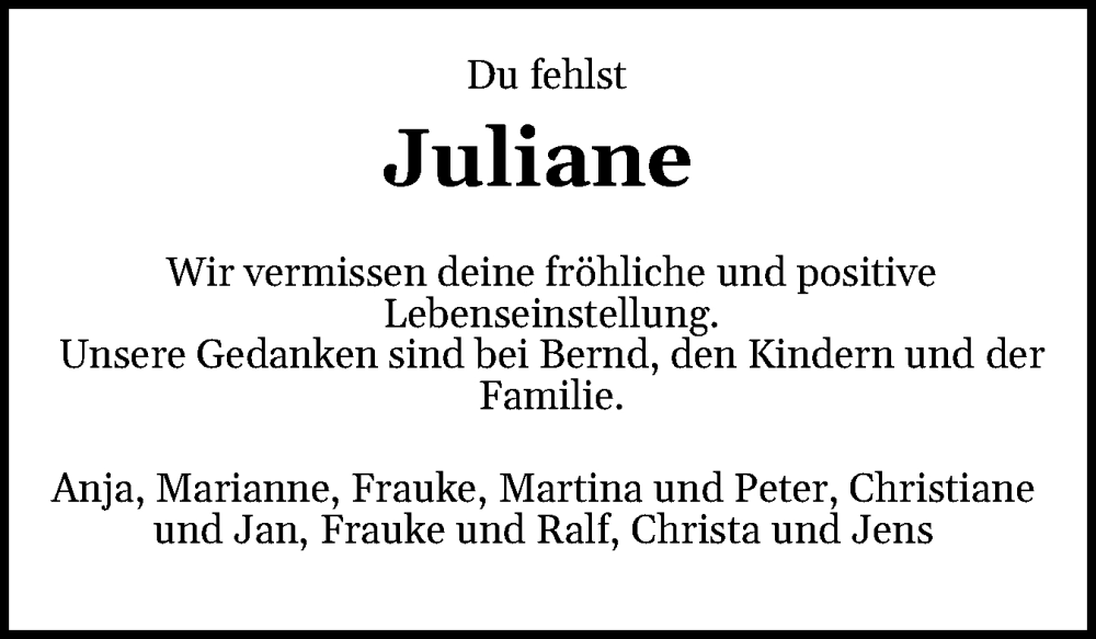  Traueranzeige für Juliane  vom 26.04.2025 aus Flensburger Tageblatt