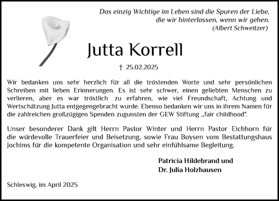 Traueranzeige von Jutta Korrell von Husumer Nachrichten, Nordfriesland Tageblatt