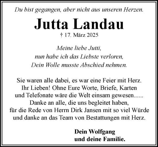 Traueranzeige von Jutta Landau von Flensburger Tageblatt