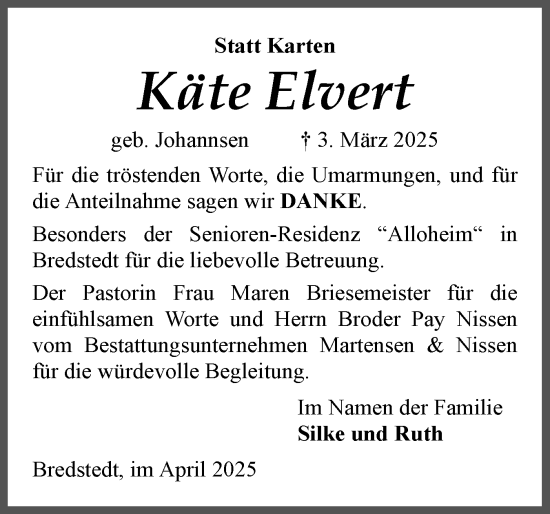 Traueranzeige von Käte Elvert von Husumer Nachrichten, Nordfriesland Tageblatt