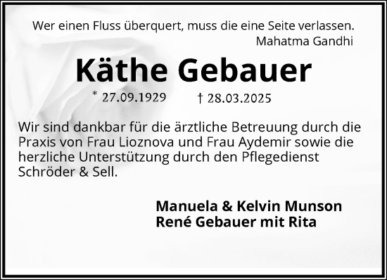 Traueranzeige von Käthe Gebauer von Wedel-Schulauer Tageblatt, tip Wedel-Schulauer Tageblatt, tip Rissener Rundschau