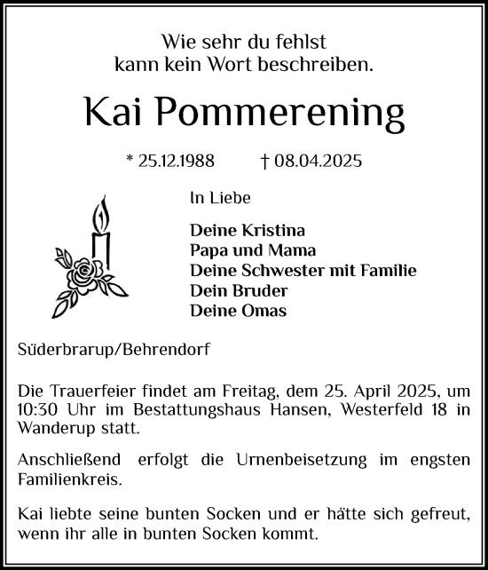 Traueranzeige von Kai Pommerening von Schleswiger Nachrichten, Schlei-Bote