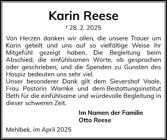 Traueranzeige von Karin Reese von Norddeutsche Rundschau, Wilstersche Zeitung, Glückstädter Fortuna