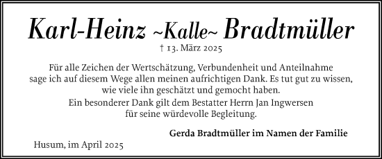Traueranzeige von Karl-Heinz Bradtmüller von Husumer Nachrichten, Nordfriesland Tageblatt