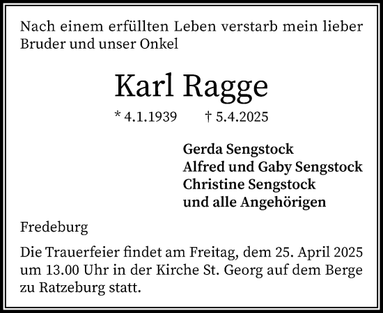 Traueranzeige von Karl Ragge von MARKT Ratzeburg/Mölln