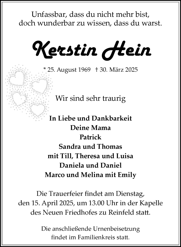  Traueranzeige für Kerstin Hein vom 05.04.2025 aus MARKT Bad Oldesloe/Reinfeld und Stormarner Tageblatt