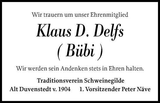 Traueranzeige von Klaus Delfs von Schleswig-Holsteinische Landeszeitung