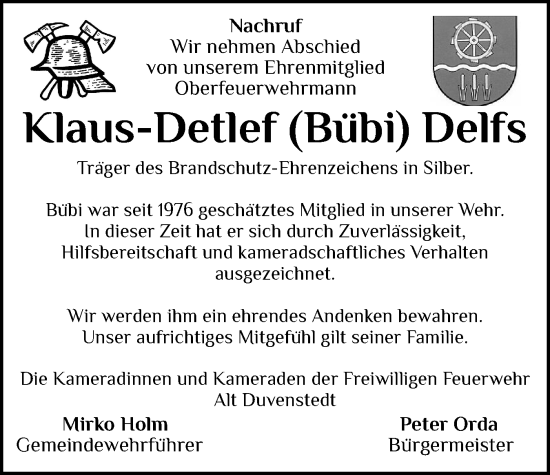 Traueranzeige von Klaus-Detlef Delfs von Schleswig-Holsteinische Landeszeitung