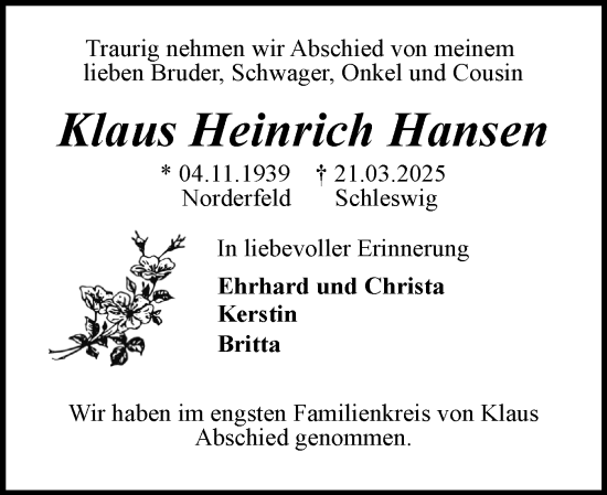 Traueranzeige von Klaus Heinrich Hansen von Flensburger Tageblatt