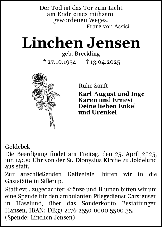 Traueranzeige von Linchen Jensen von Region Westküste