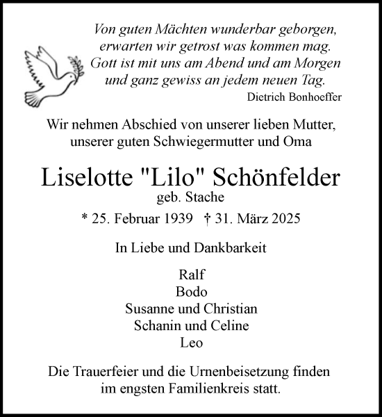 Traueranzeige von Liselotte Schönfelder von Umschau