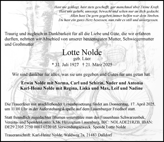 Traueranzeige von Lotte Nolde von Wochenend Anzeiger