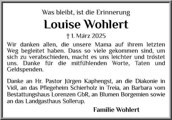Traueranzeige von Louise Wohlert von Husumer Nachrichten, Nordfriesland Tageblatt