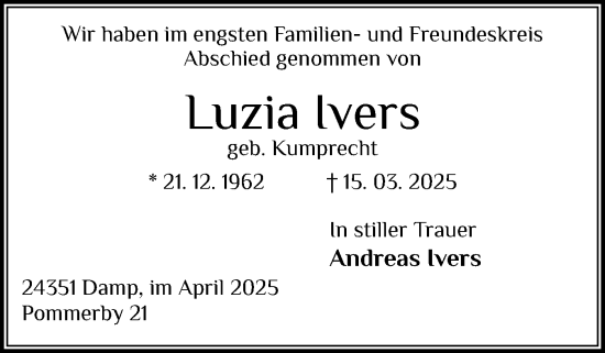 Traueranzeige von Luzia Ivers von Eckernförder Zeitung, Hallo Eckernförde