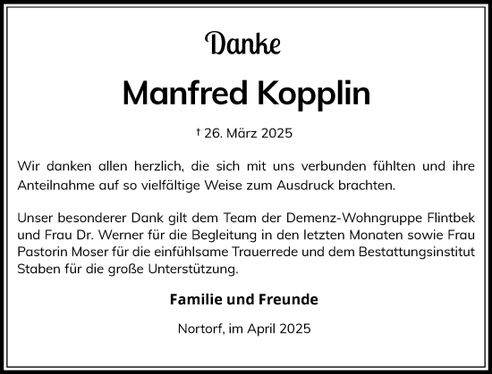 Traueranzeige von Manfred Kopplin von Schleswig-Holsteinische Landeszeitung