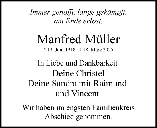 Traueranzeige von Manfred Müller von Uetersener Nachrichten, Der tip am Wochenende