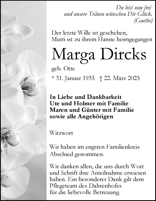 Traueranzeige von Marga Dircks von Husumer Nachrichten, Nordfriesland Tageblatt