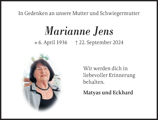 Traueranzeige von Marianne Jens von Uetersener Nachrichten, Der tip am Wochenende