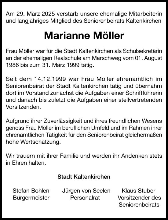 Traueranzeige von Marianne Möller von Umschau