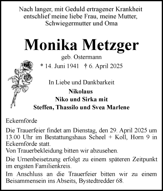 Traueranzeige von Monika Metzger von Eckernförder Zeitung, Hallo Eckernförde