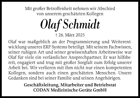 Traueranzeige von Olaf Schmidt von Uetersener Nachrichten, Der tip am Wochenende