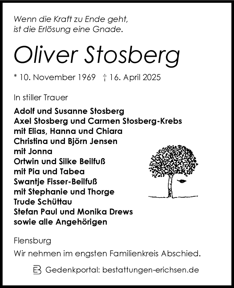  Traueranzeige für Oliver Stosberg vom 26.04.2025 aus Region Flensburg