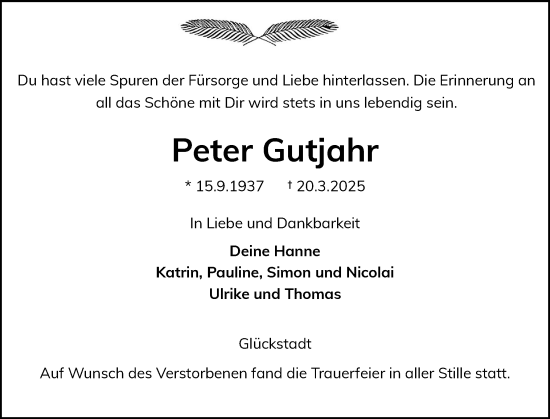 Traueranzeige von Peter Gutjahr von Norddeutsche Rundschau, Wilstersche Zeitung, Glückstädter Fortuna