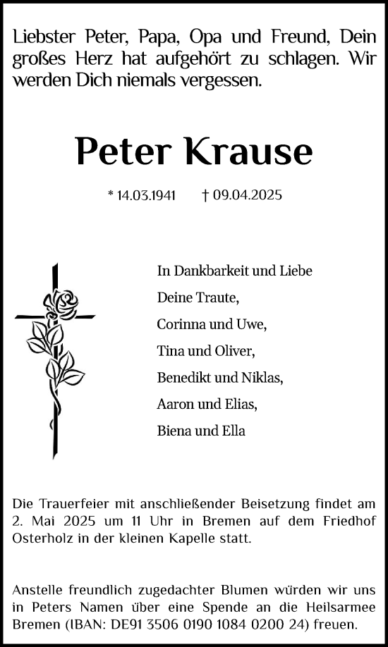 Traueranzeige von Peter Krause von Husumer Nachrichten, Nordfriesland Tageblatt