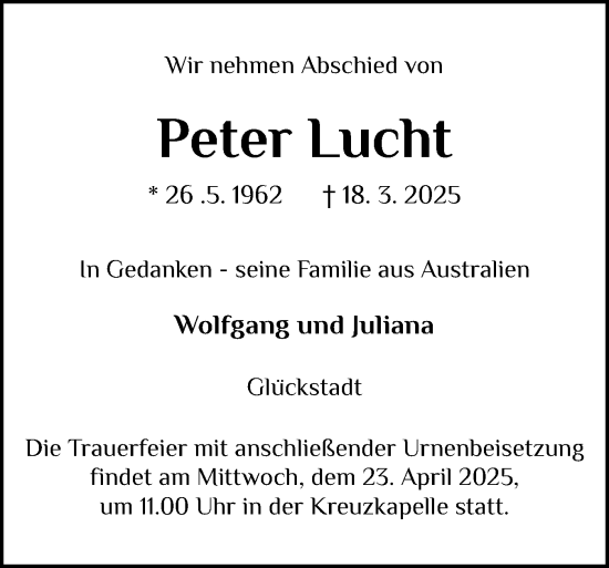 Traueranzeige von Peter Lucht von Norddeutsche Rundschau, Wilstersche Zeitung, Glückstädter Fortuna