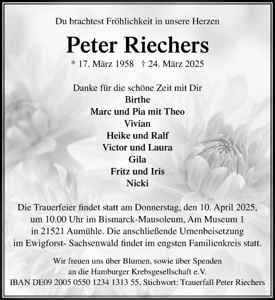 Traueranzeige von Peter Riechers von MARKT Glinde/Reinfeld