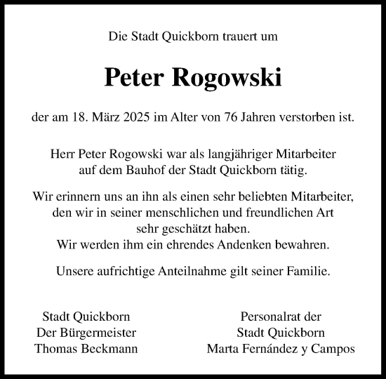 Traueranzeige von Peter Rogowski von Umschau